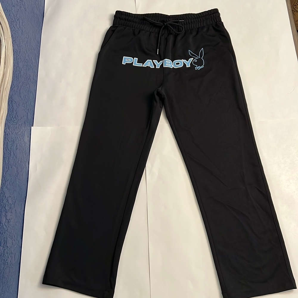 PLAYBOY Black Sweatpants with Light Blue Logo